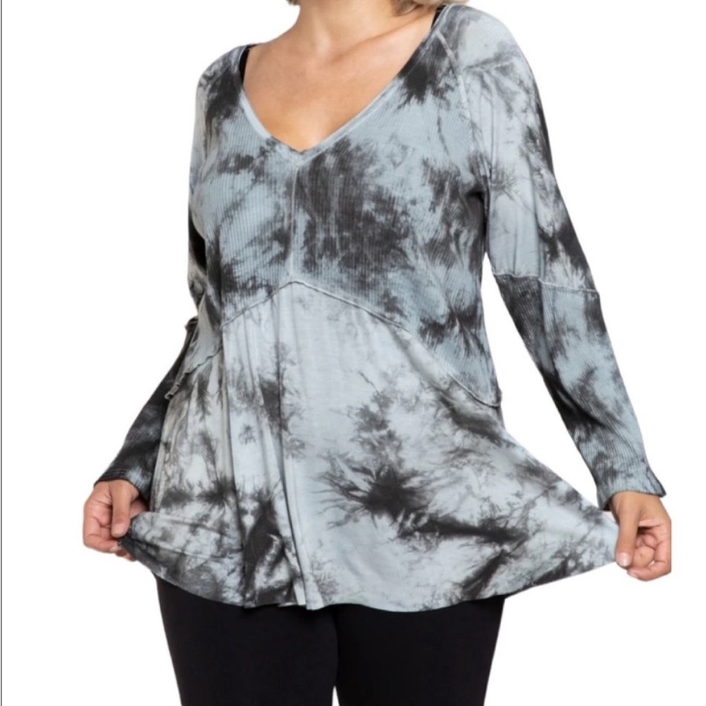 Pol Grey Tie Dye Long Sleeve Jersey Knit Babydoll Top Size S - Picture 5 of 15